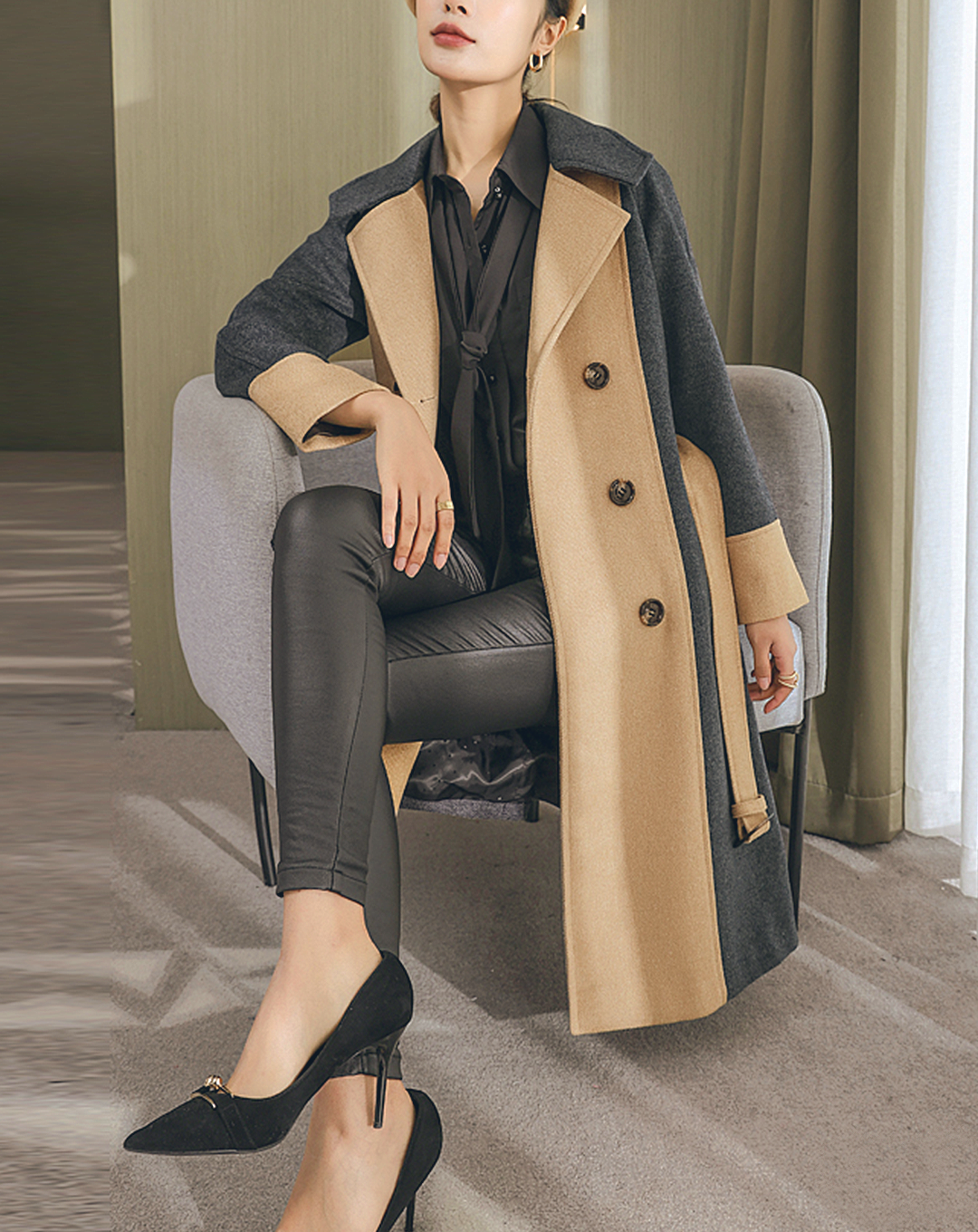 ♀Bicolor Double Breasted Wool Coat