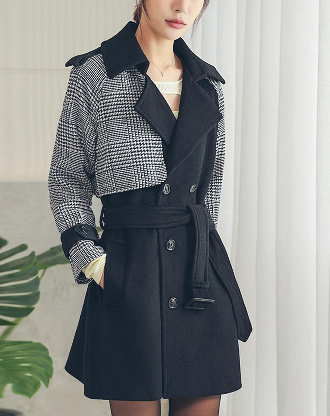 ♀Houndstooth Wool Middle Coat