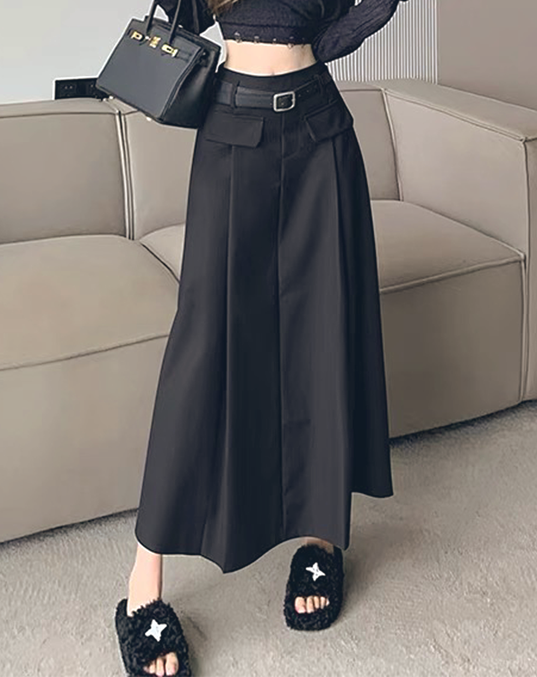 ♀Double Pocket Pleated Long Skirt