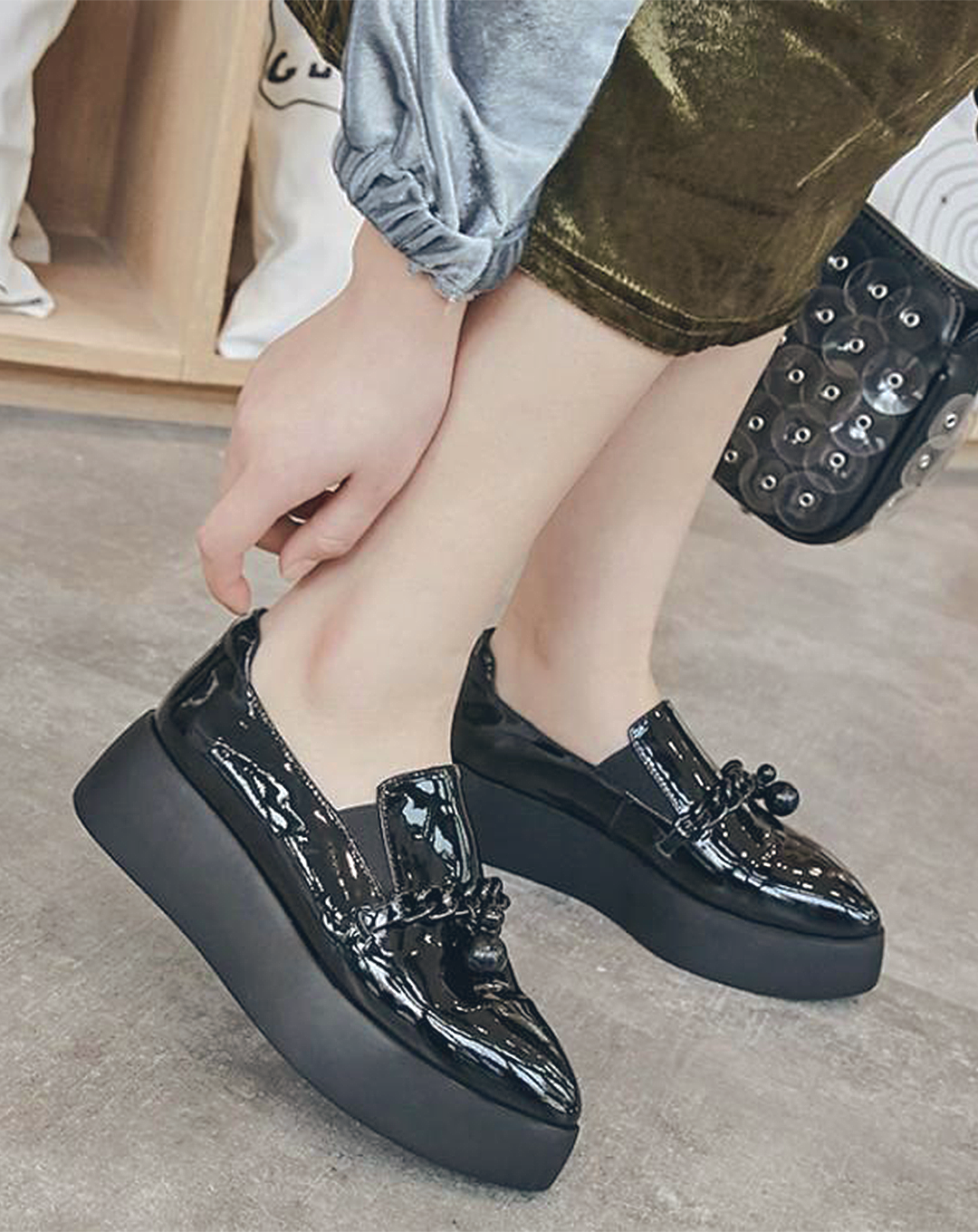 ♀ 本革/Black Chain Platform Leather Shoes