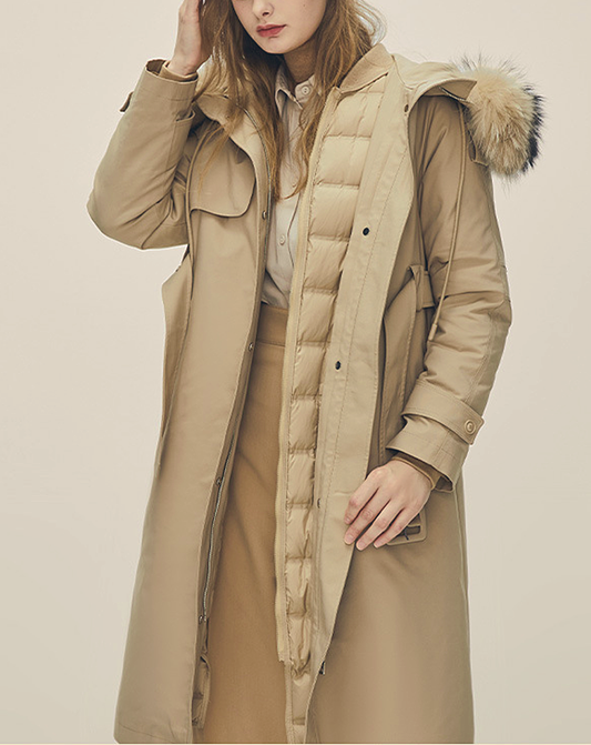 ♀Fur Hooded Trench Coat
