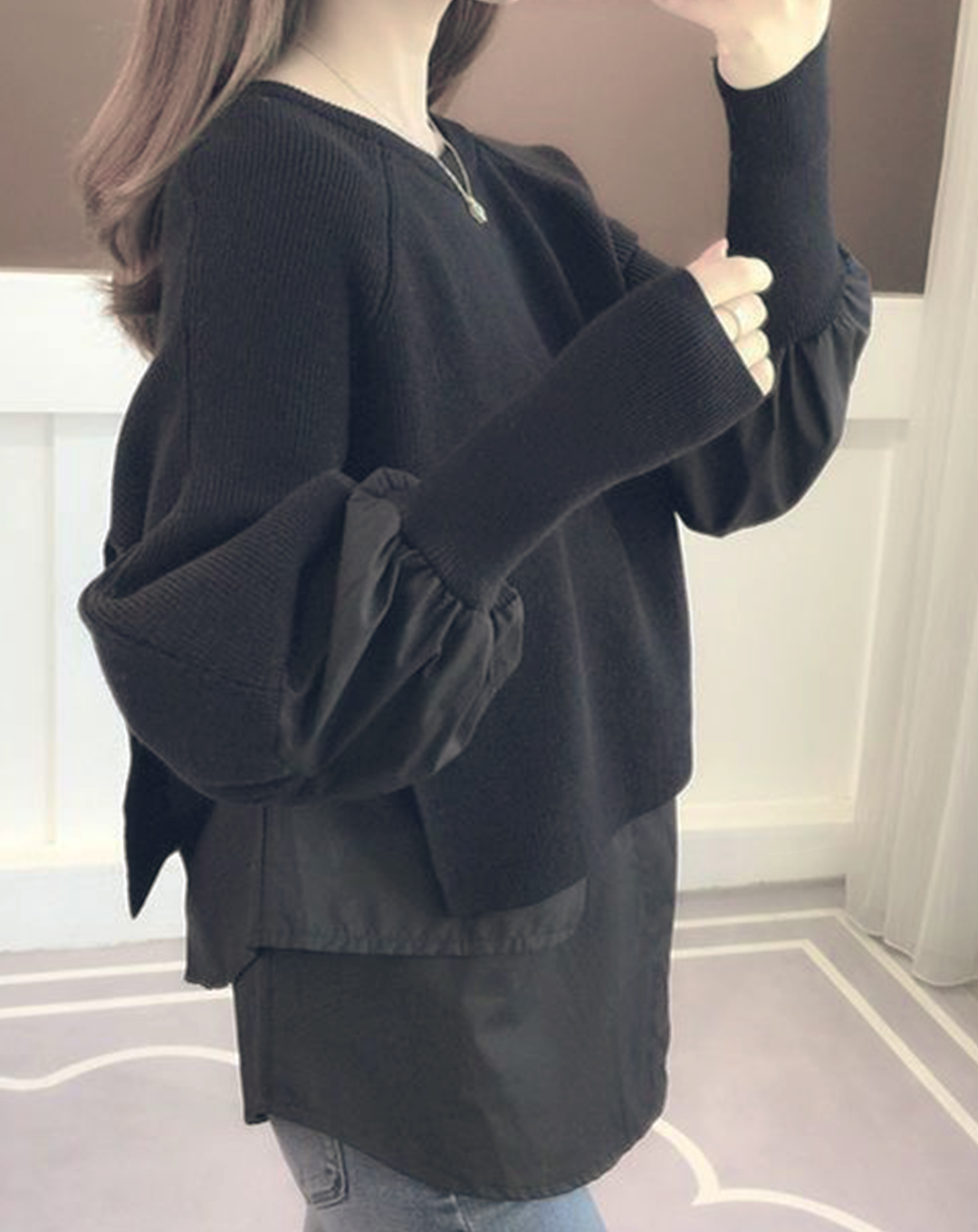♀Knit Layered Mutton Sleeve Shirt