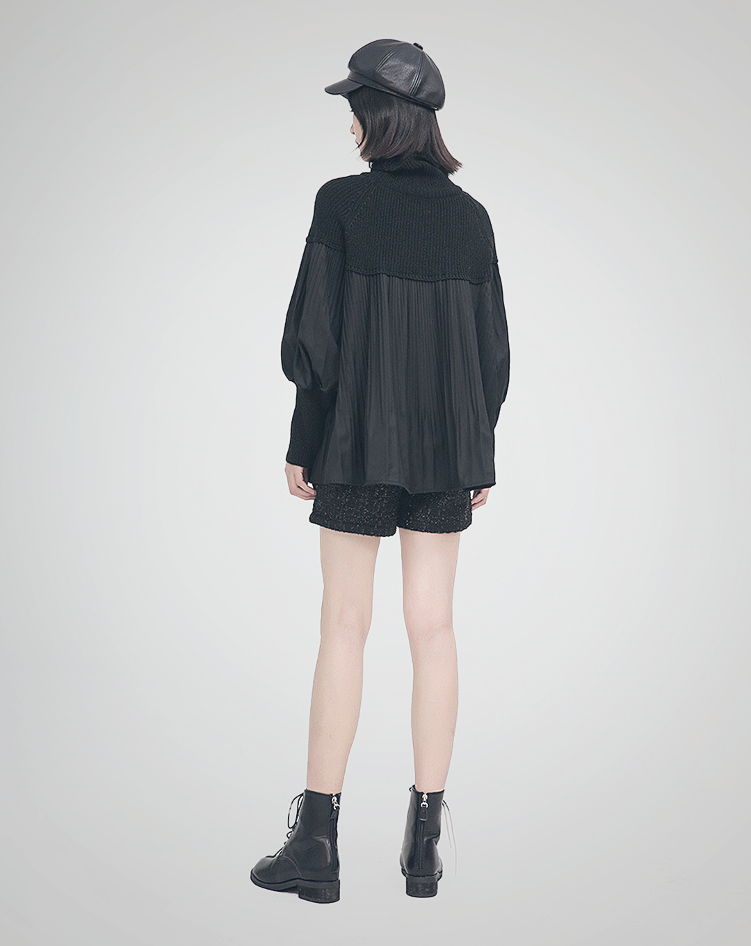♀Pleated Design Puff Sleeve High Neck Tops