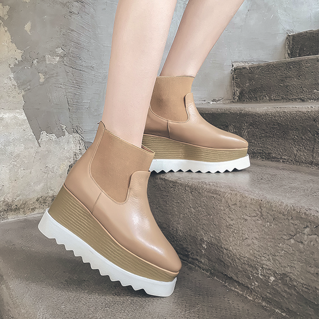 ♀ 本革/Platform Sole Side Gore Leather Boots