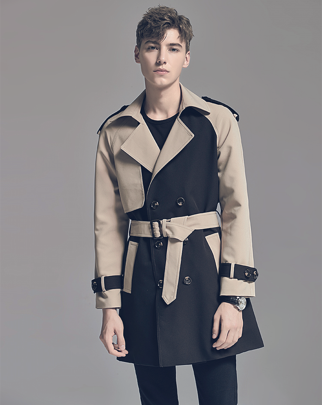 ♂Contrast Color Double Breasted Trench Coat
