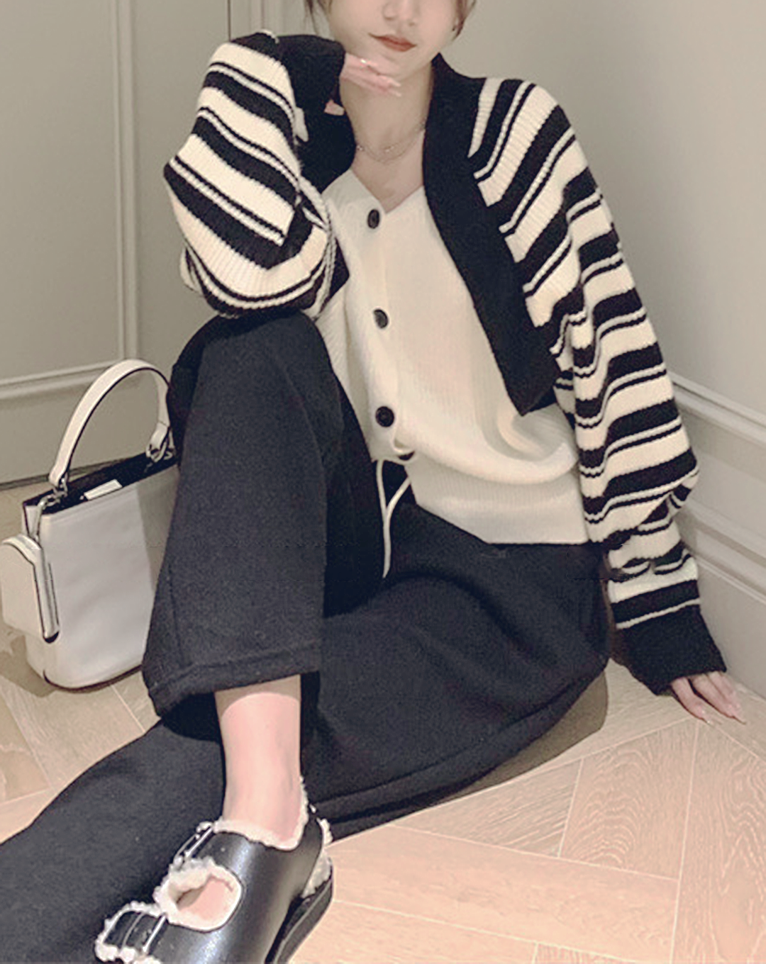 ♀Striped Cardigan Docking Tops