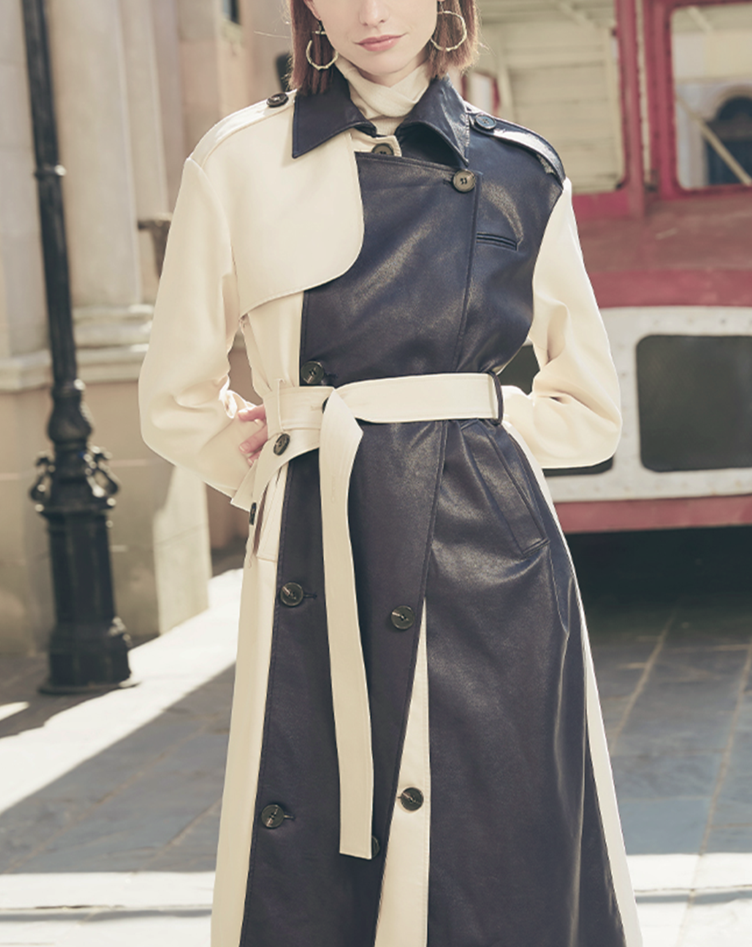 ♀Black Leather Design Trench Coat