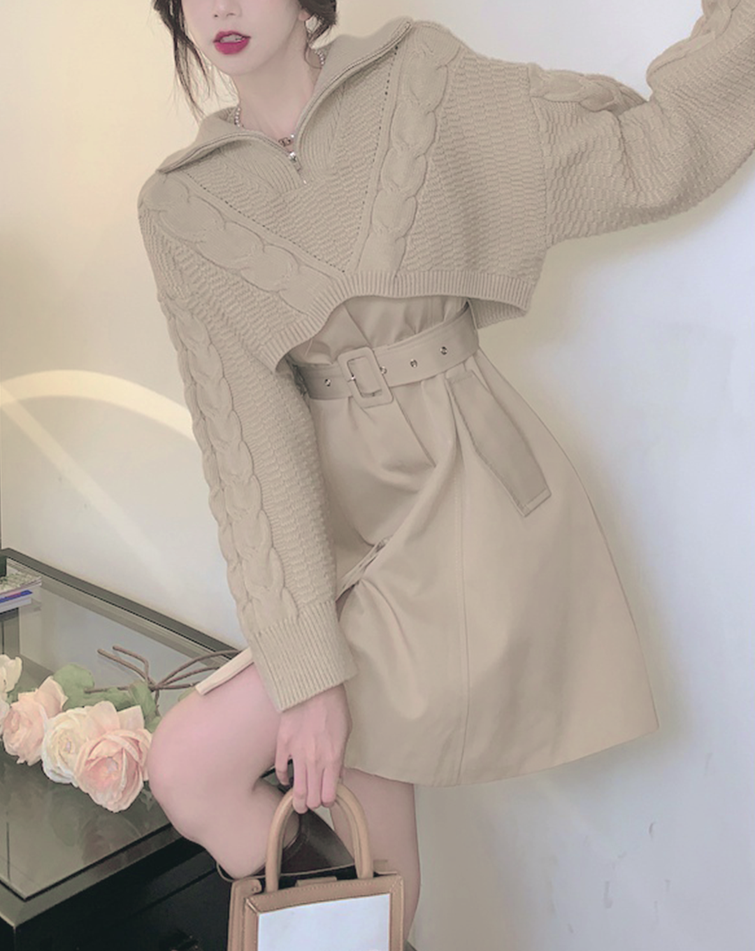 ♀Half Zip Short Knit & Sleeveless Belt Dress