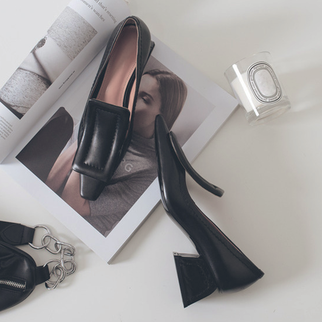 ♀ 本革/Square Parts Chunky Heel Pumps