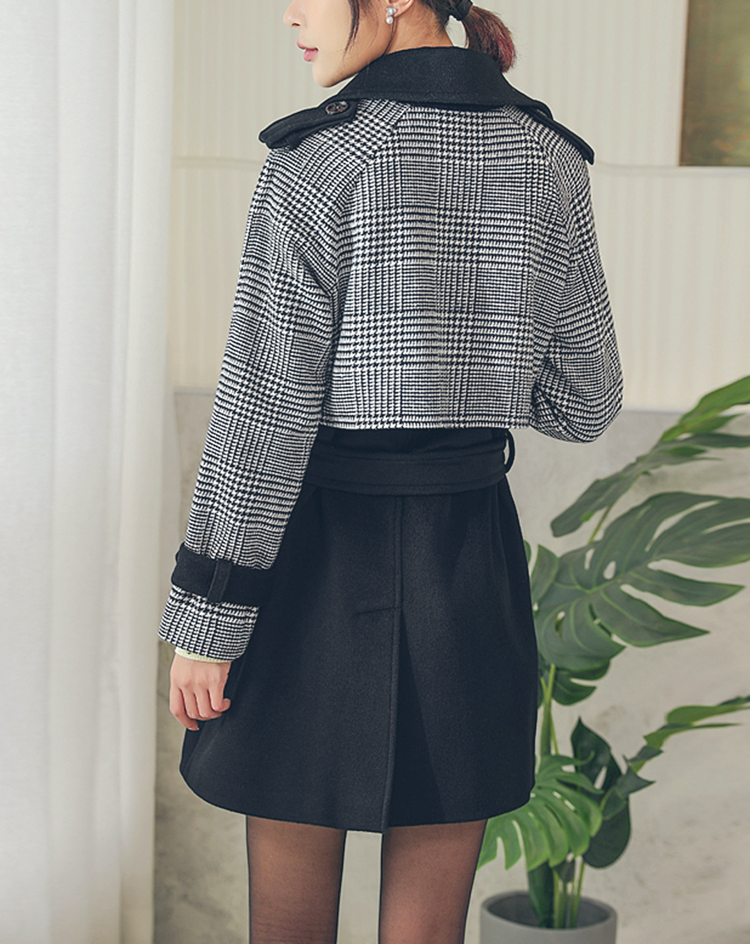♀Houndstooth Wool Middle Coat