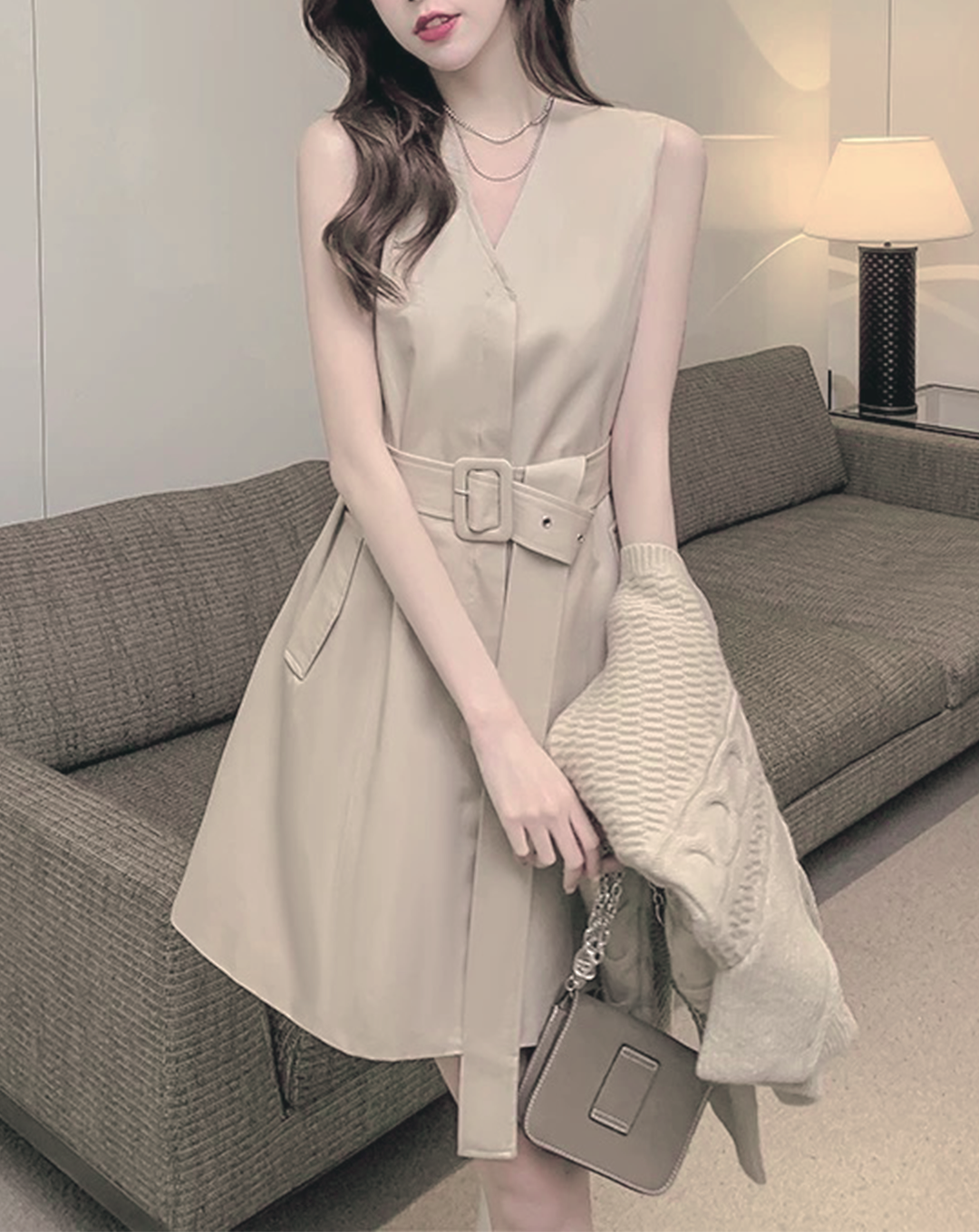 ♀Half Zip Short Knit & Sleeveless Belt Dress