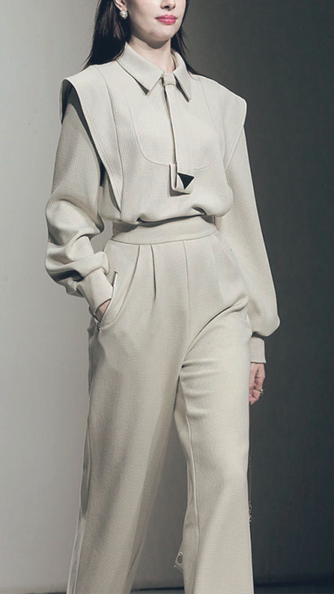 ♀Waffle Long Sleeve Shirt & Wide Pants
