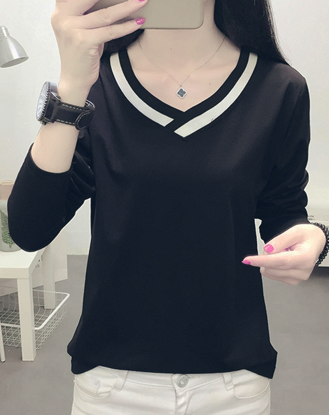 ♀Ribline V-neck Shirt
