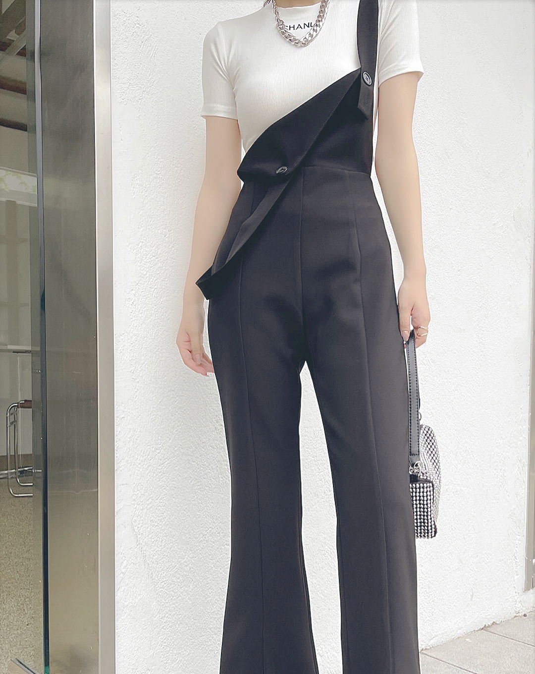 ♀Flare Cut Slit Hem Overalls