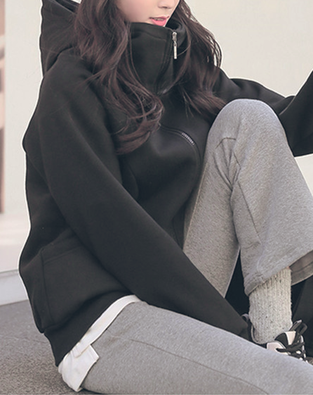 ♀Design Pocket High Neck Hoodie