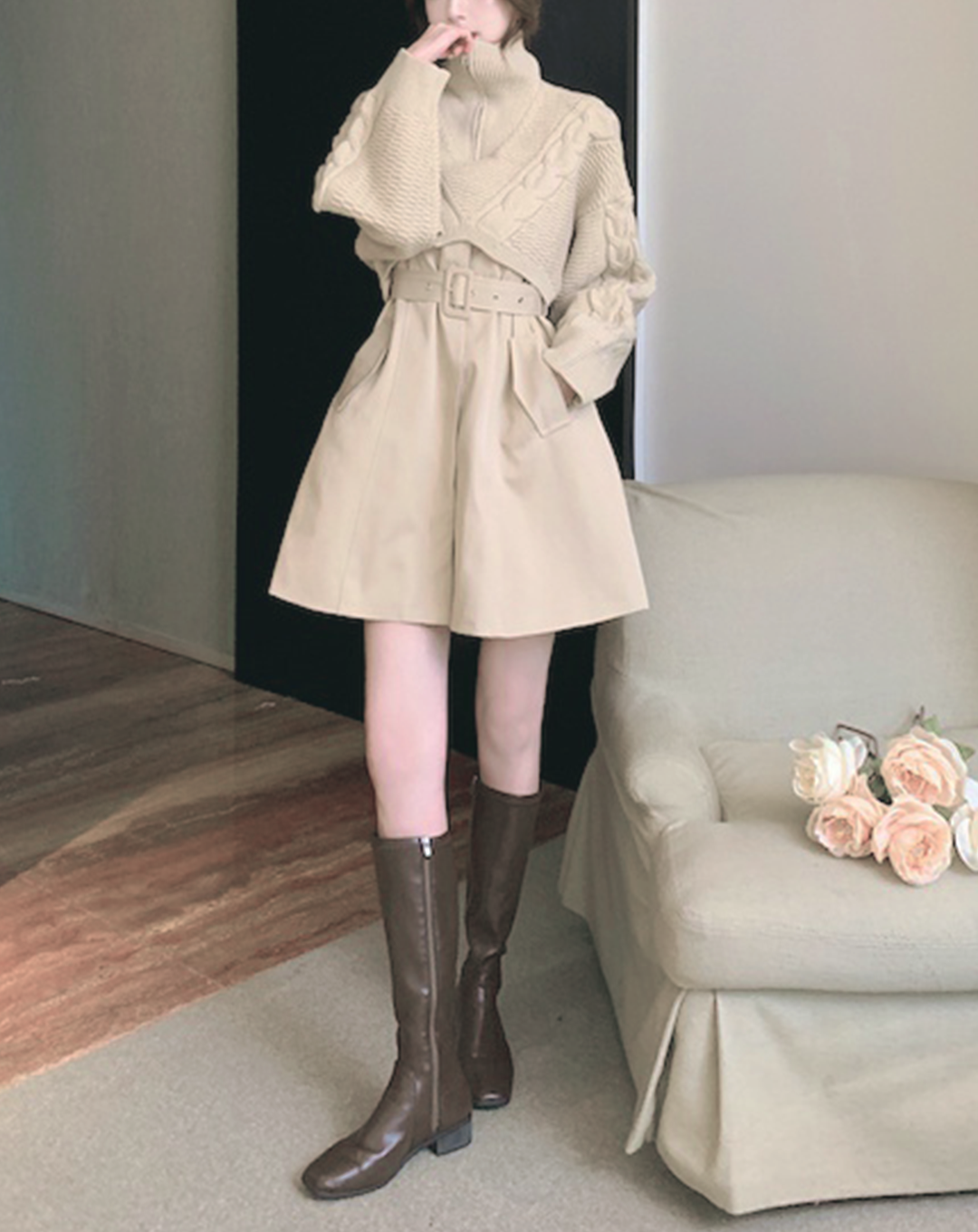 ♀Half Zip Short Knit & Sleeveless Belt Dress