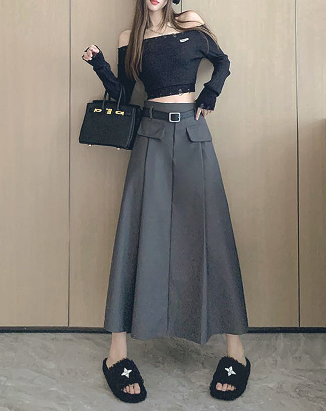 ♀Double Pocket Pleated Long Skirt
