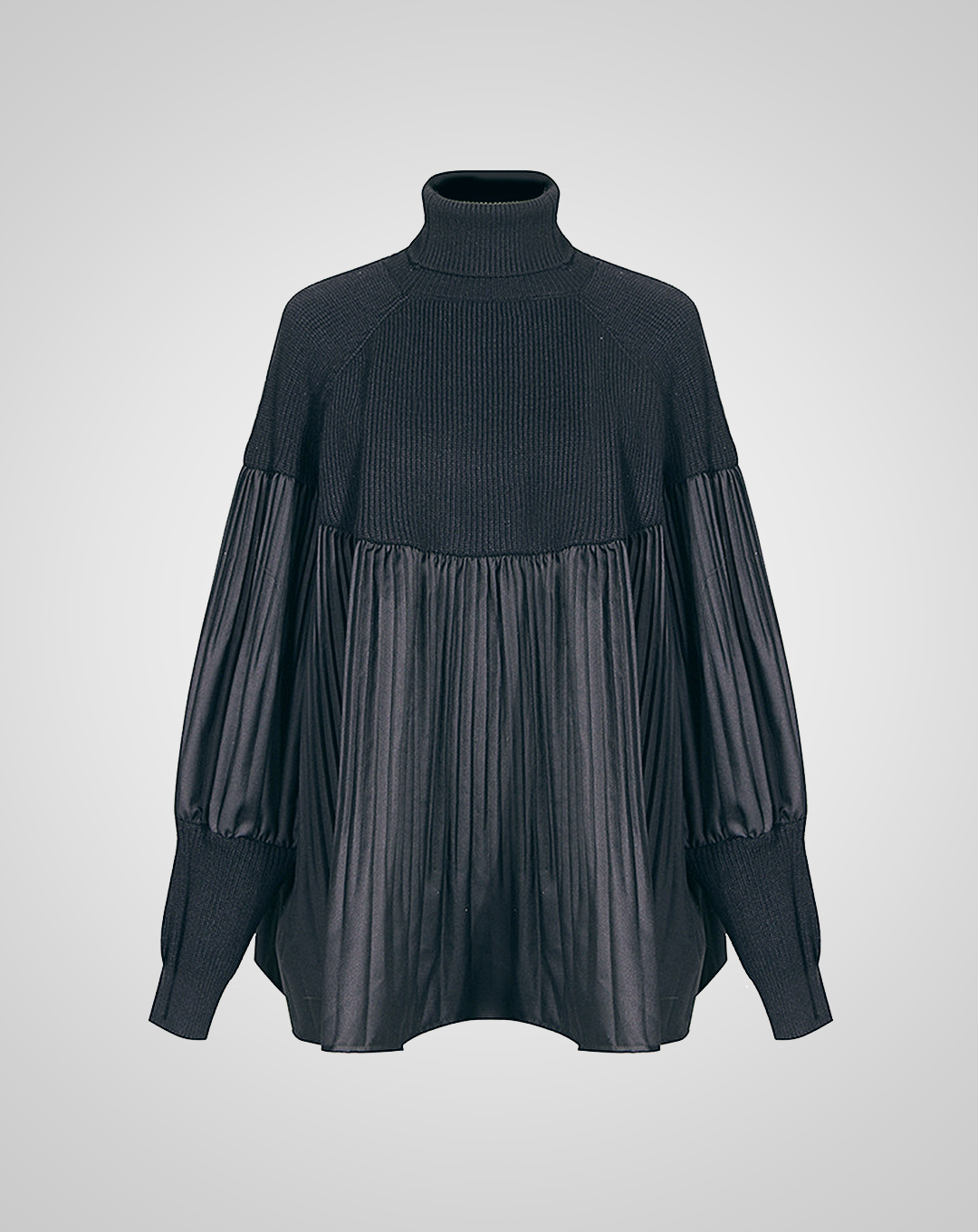 ♀Pleated Design Puff Sleeve High Neck Tops