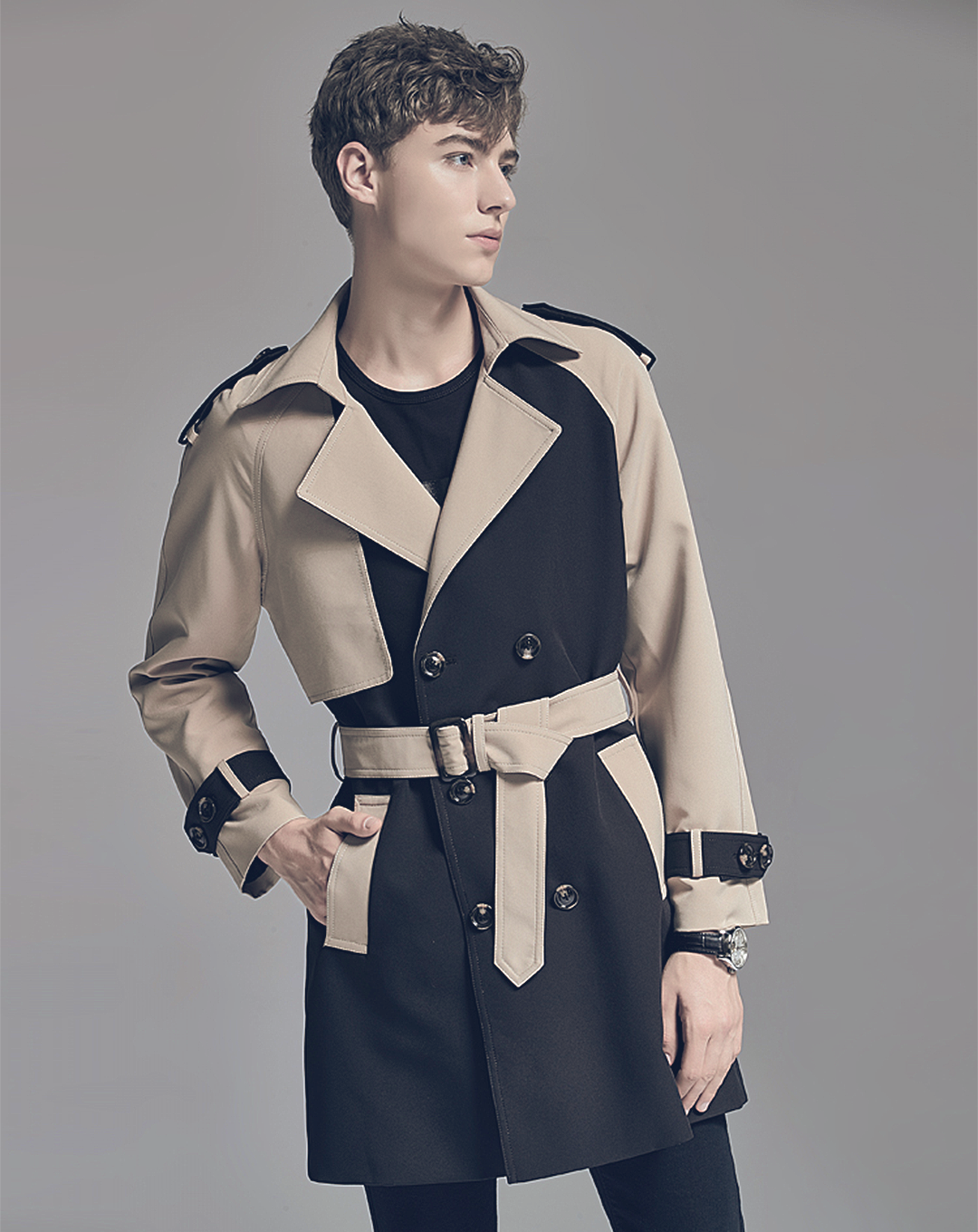 ♂Contrast Color Double Breasted Trench Coat