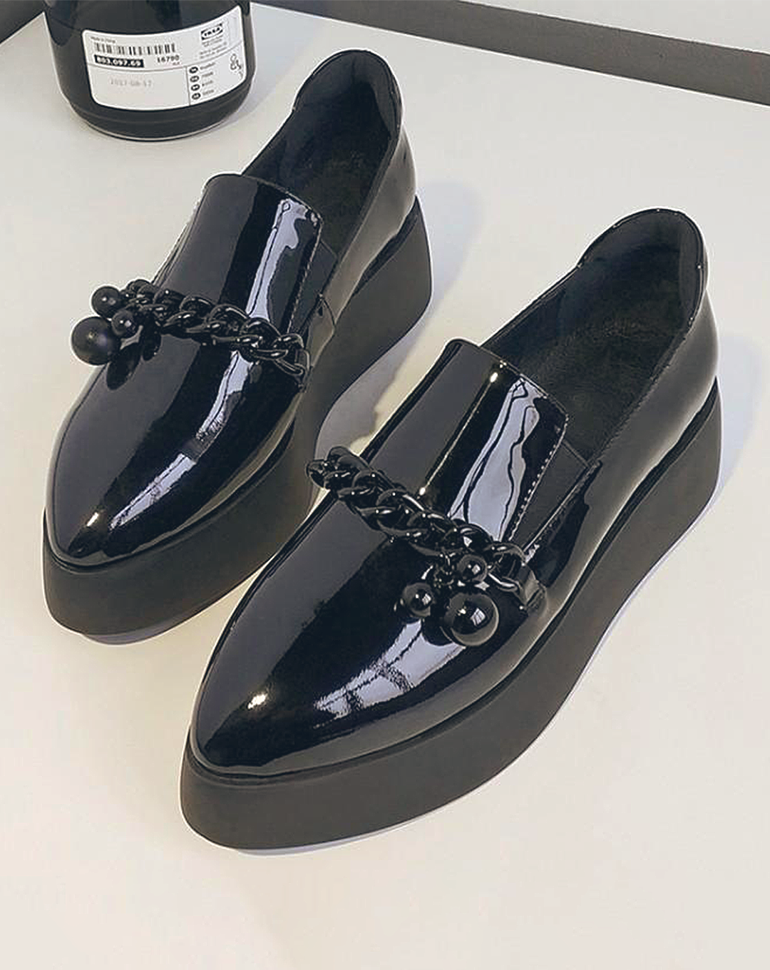 ♀ 本革/Black Chain Platform Leather Shoes