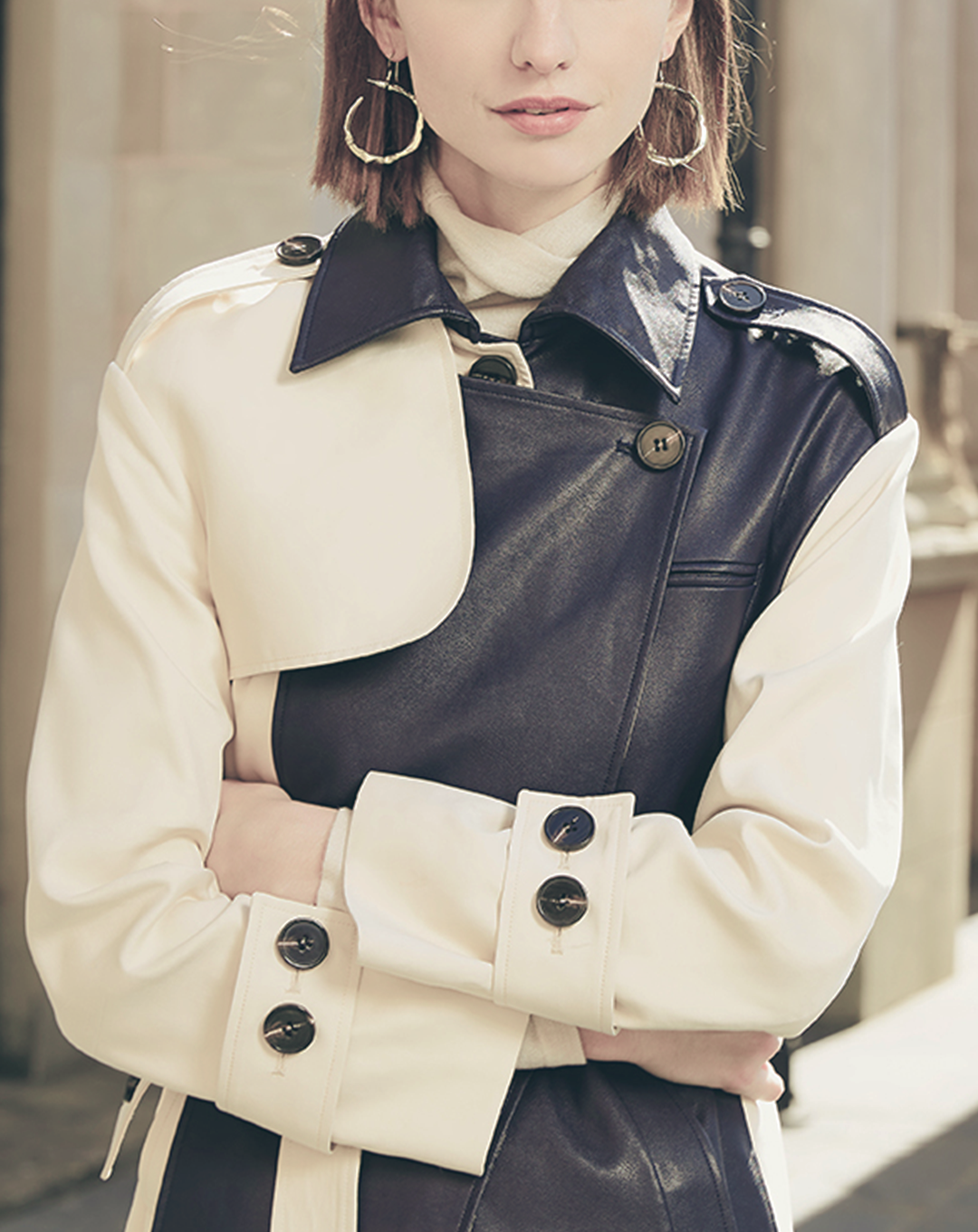 ♀Black Leather Design Trench Coat