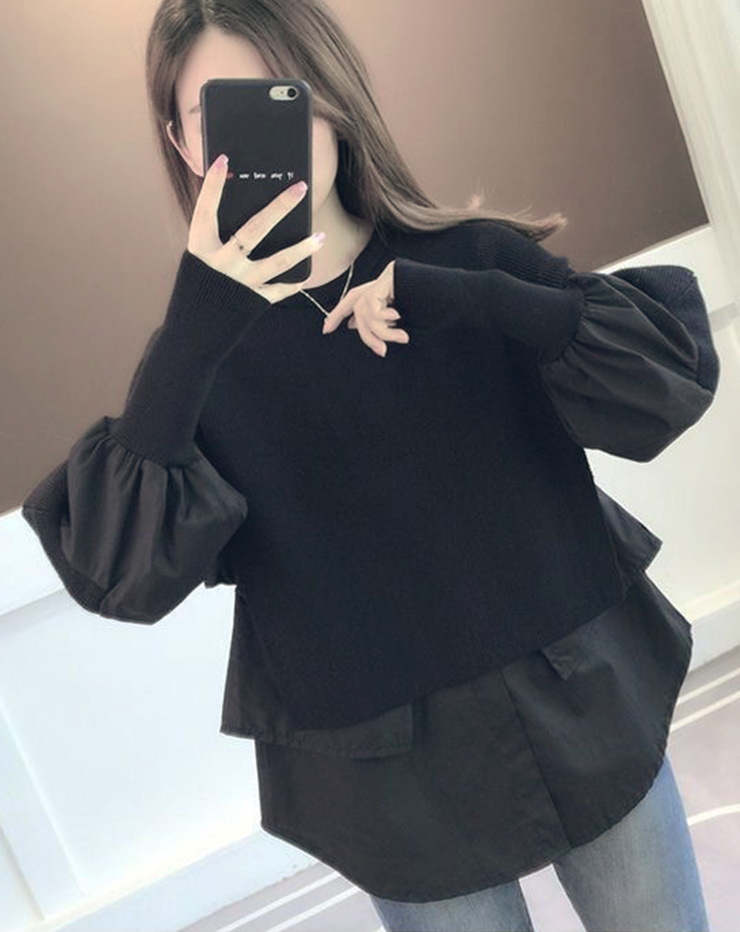 ♀Knit Layered Mutton Sleeve Shirt