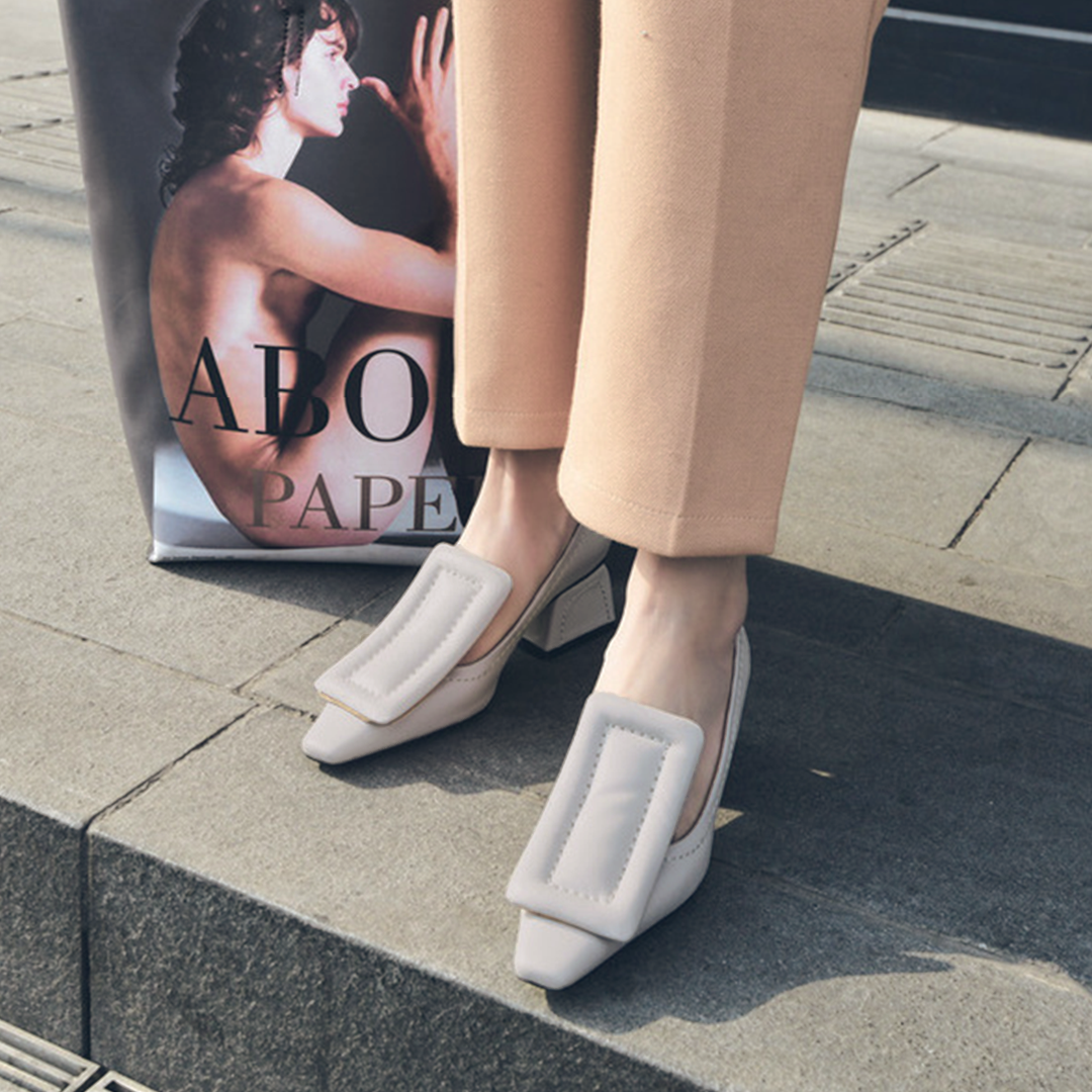 ♀ 本革/Square Parts Chunky Heel Pumps