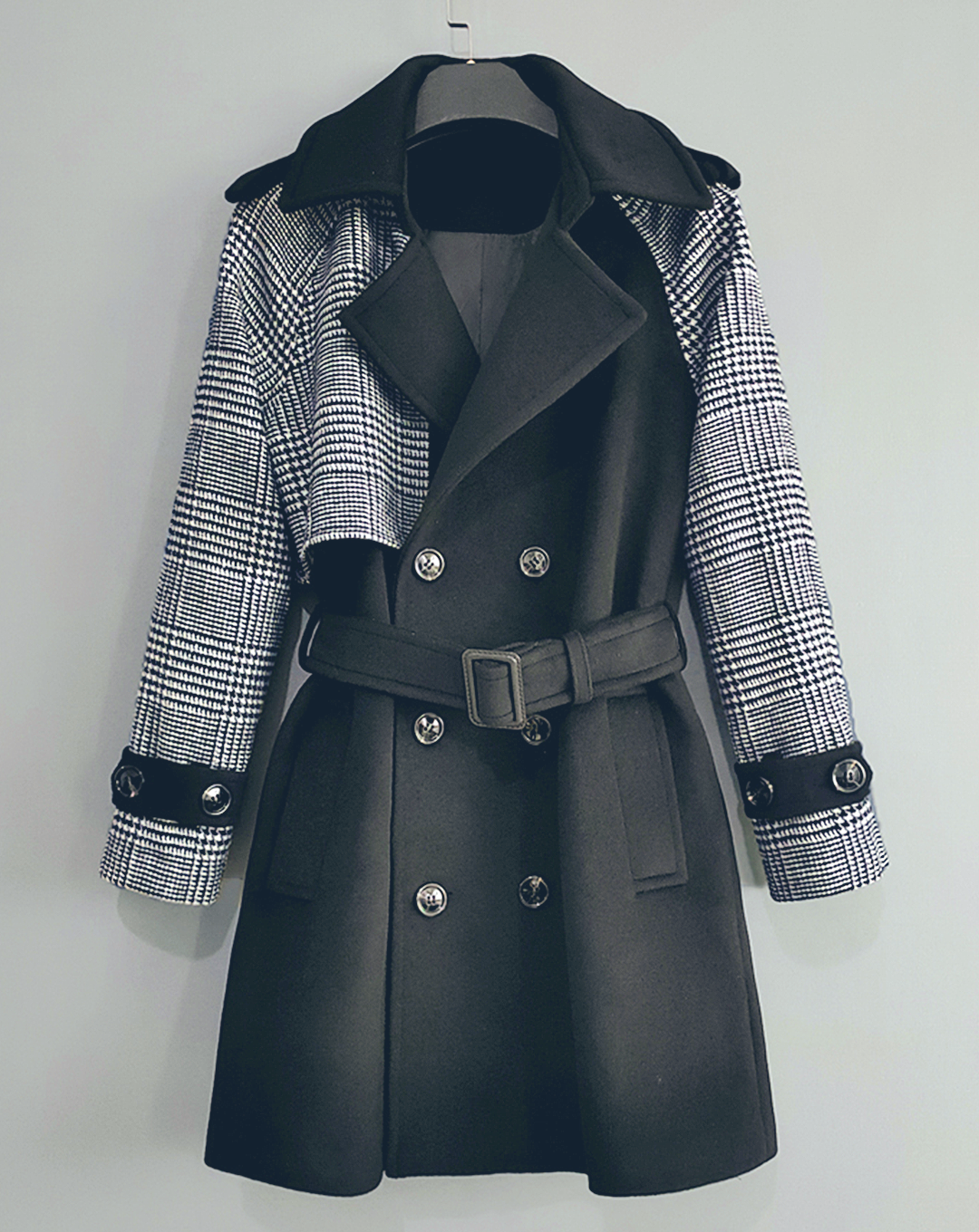 ♀Houndstooth Wool Middle Coat