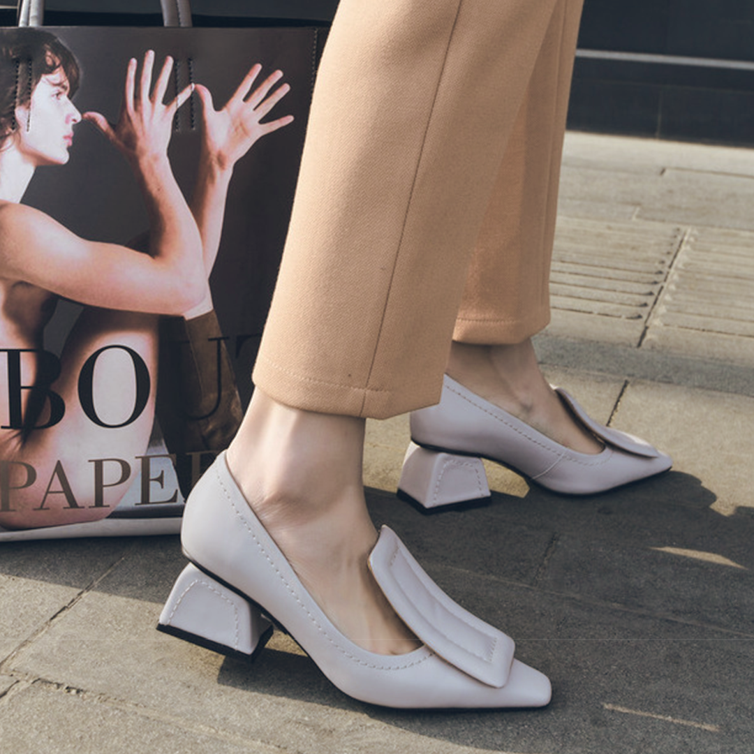 ♀ 本革/Square Parts Chunky Heel Pumps