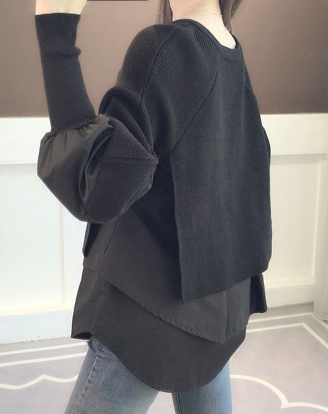 ♀Knit Layered Mutton Sleeve Shirt