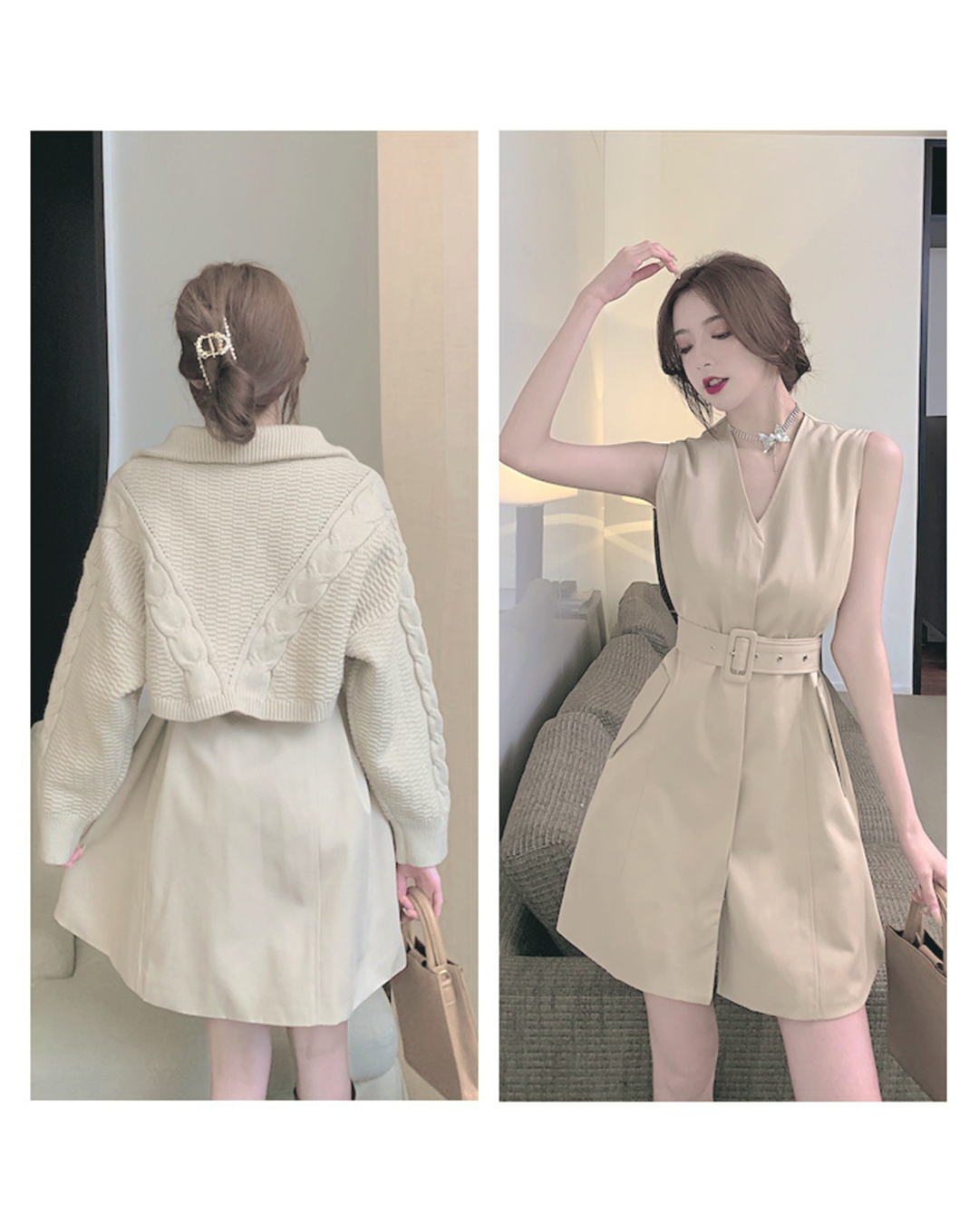 ♀Half Zip Short Knit & Sleeveless Belt Dress