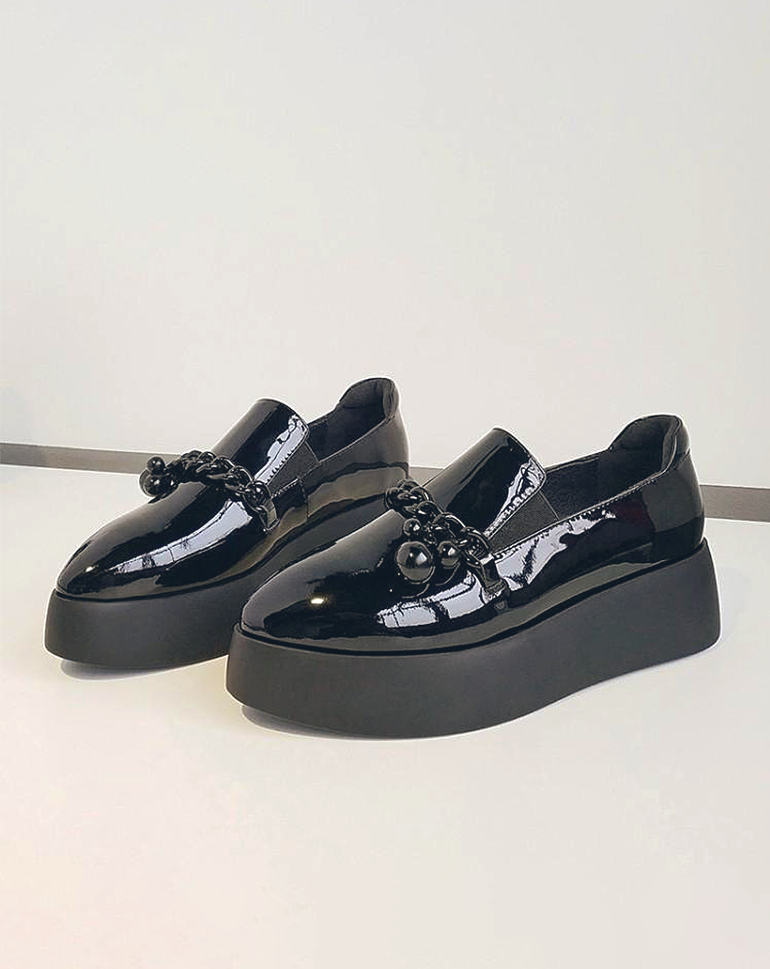 ♀ 本革/Black Chain Platform Leather Shoes