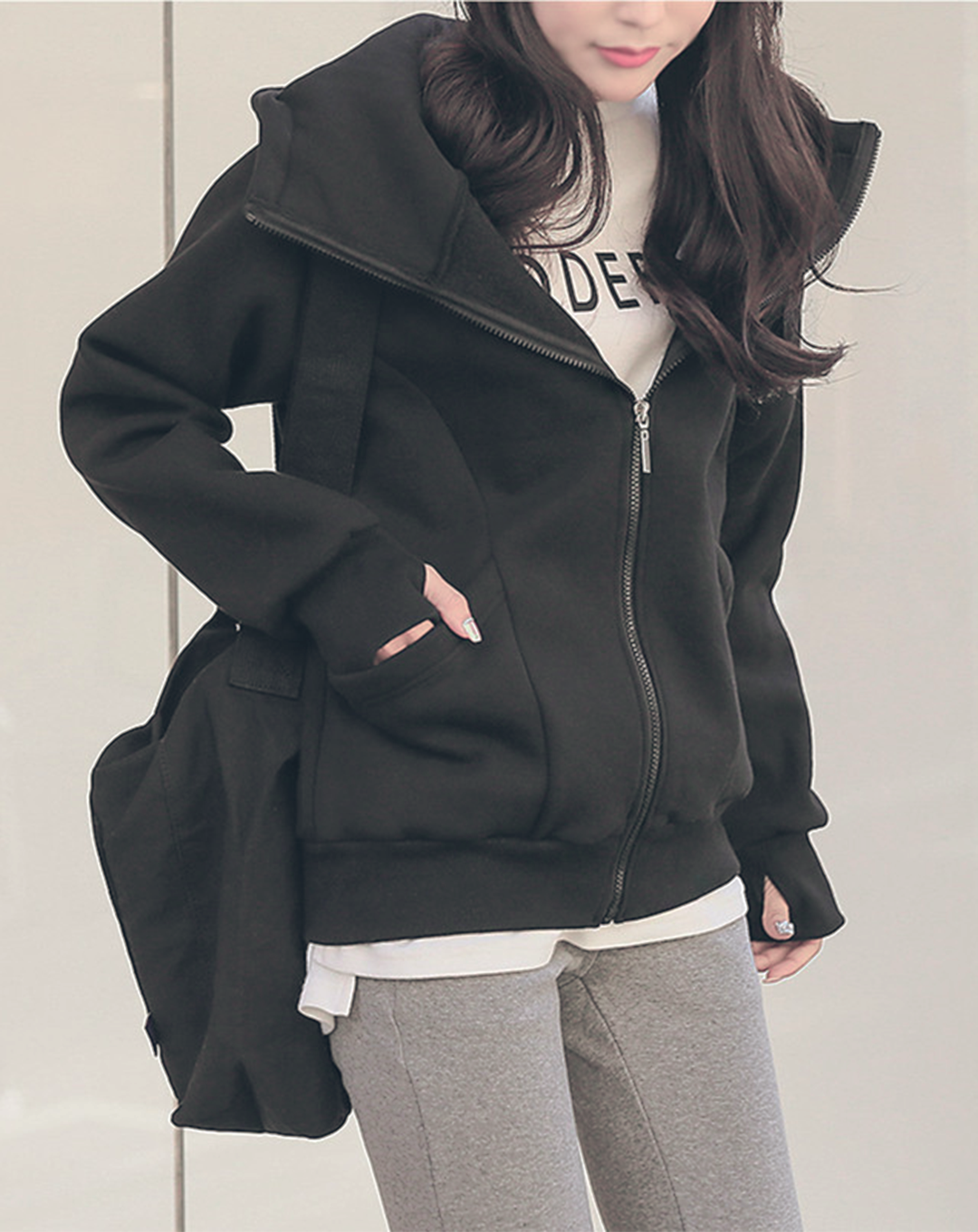 ♀Design Pocket High Neck Hoodie