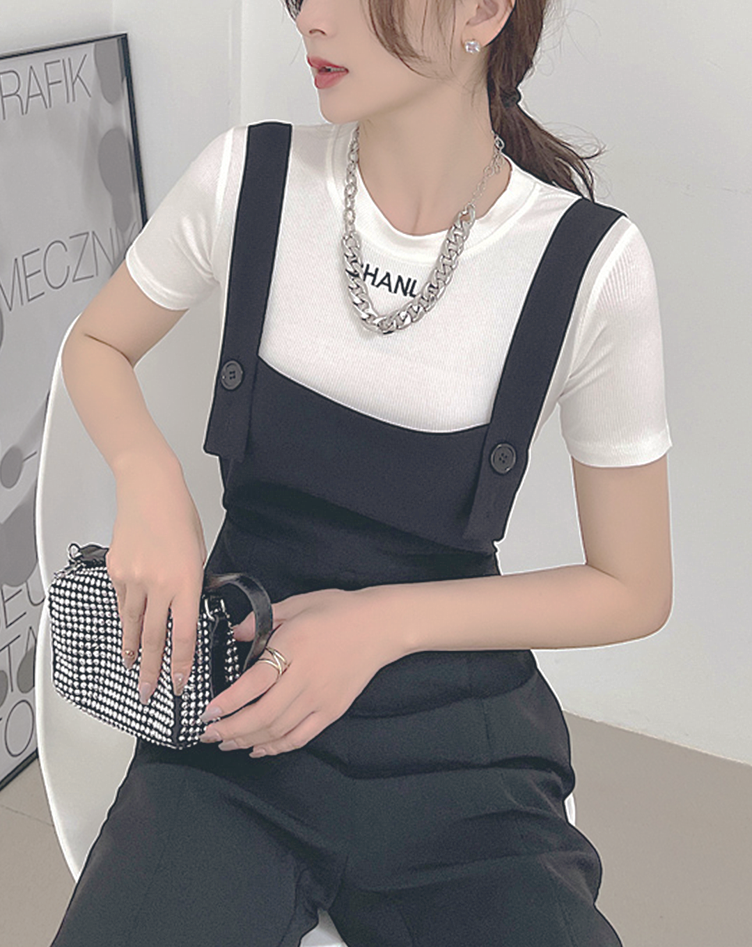 ♀Flare Cut Slit Hem Overalls