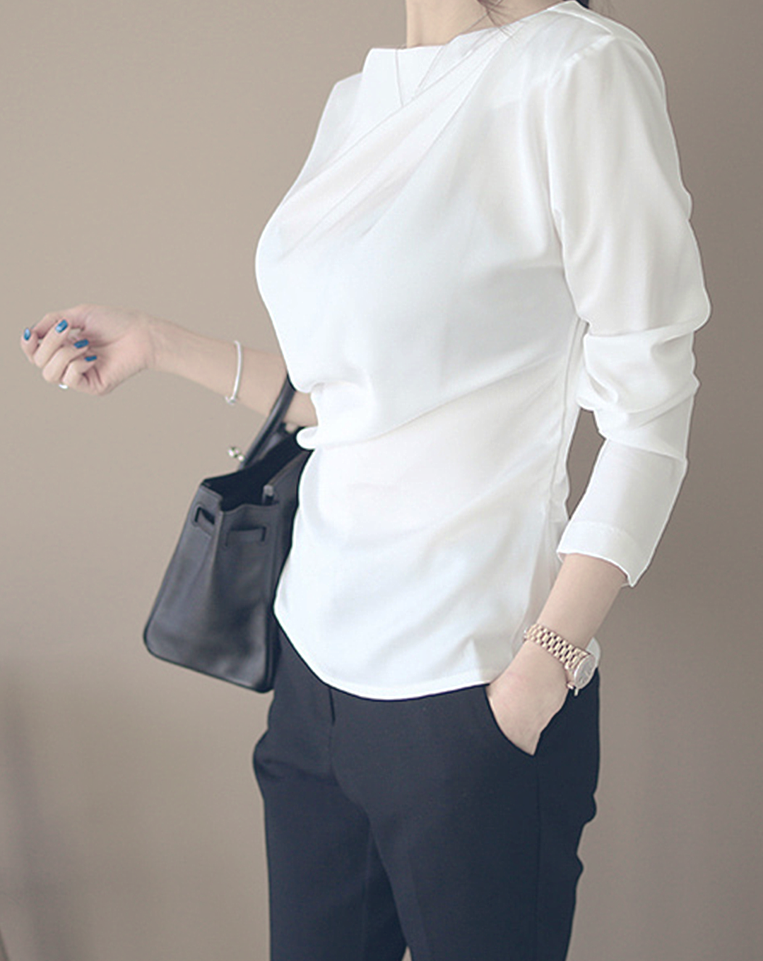 ♀Gathered Waist Boat Neck Shirt
