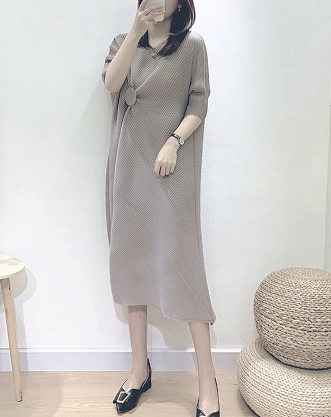 ♀Button Design Pleated Dress