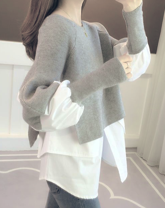 ♀Knit Layered Mutton Sleeve Shirt