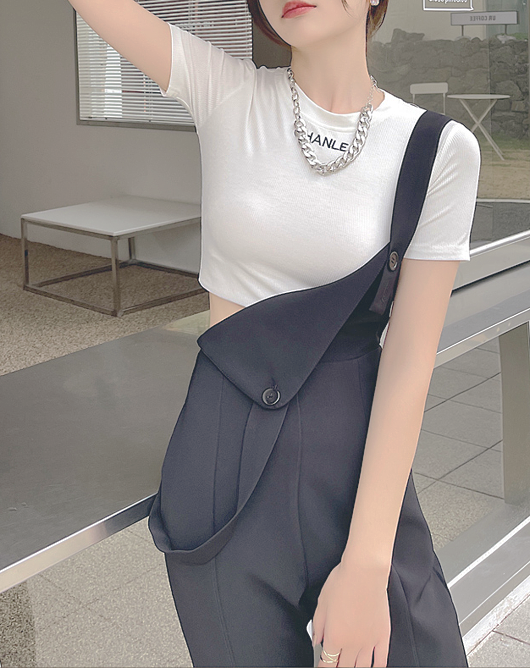 ♀Flare Cut Slit Hem Overalls