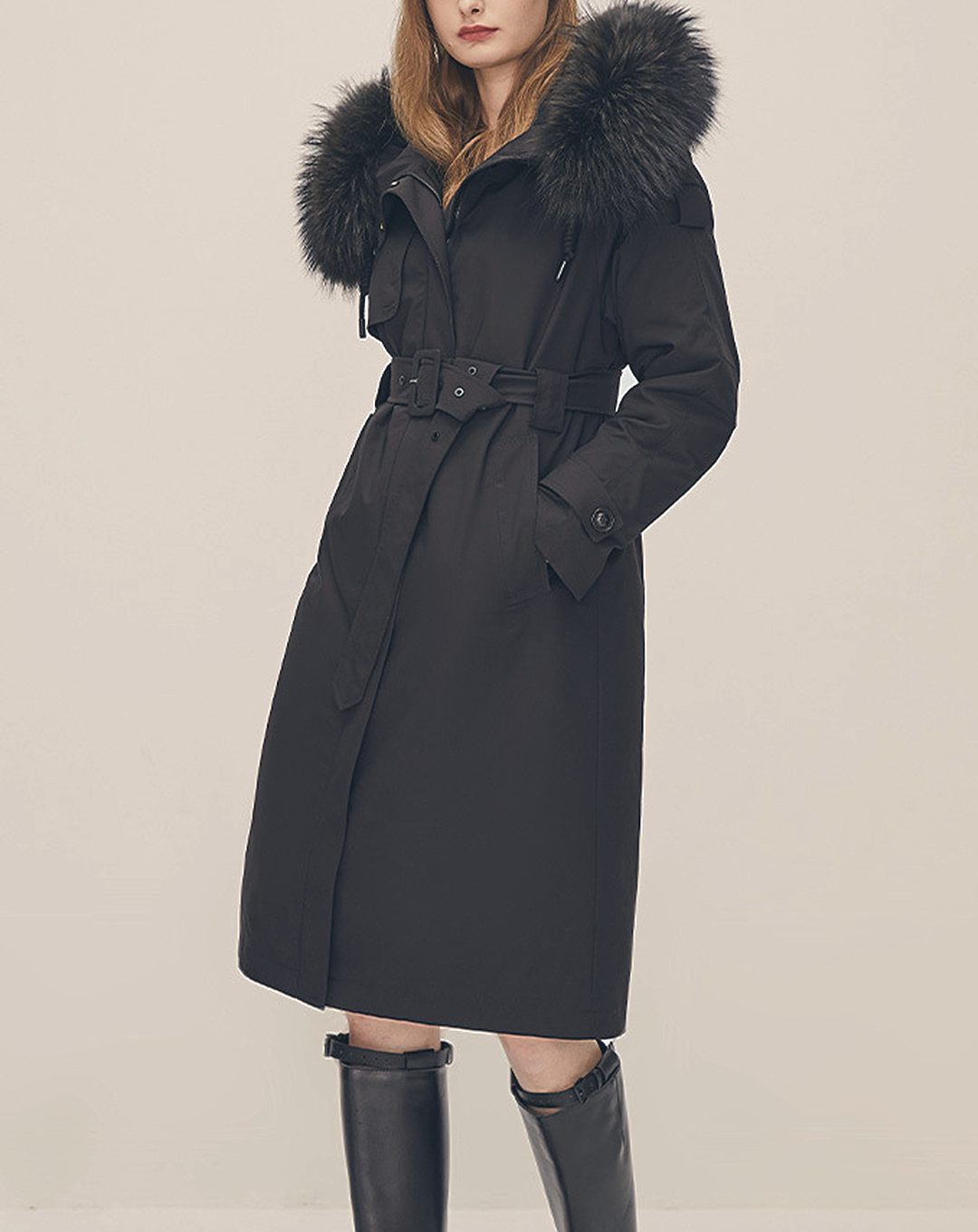 ♀Fur Hooded Trench Coat
