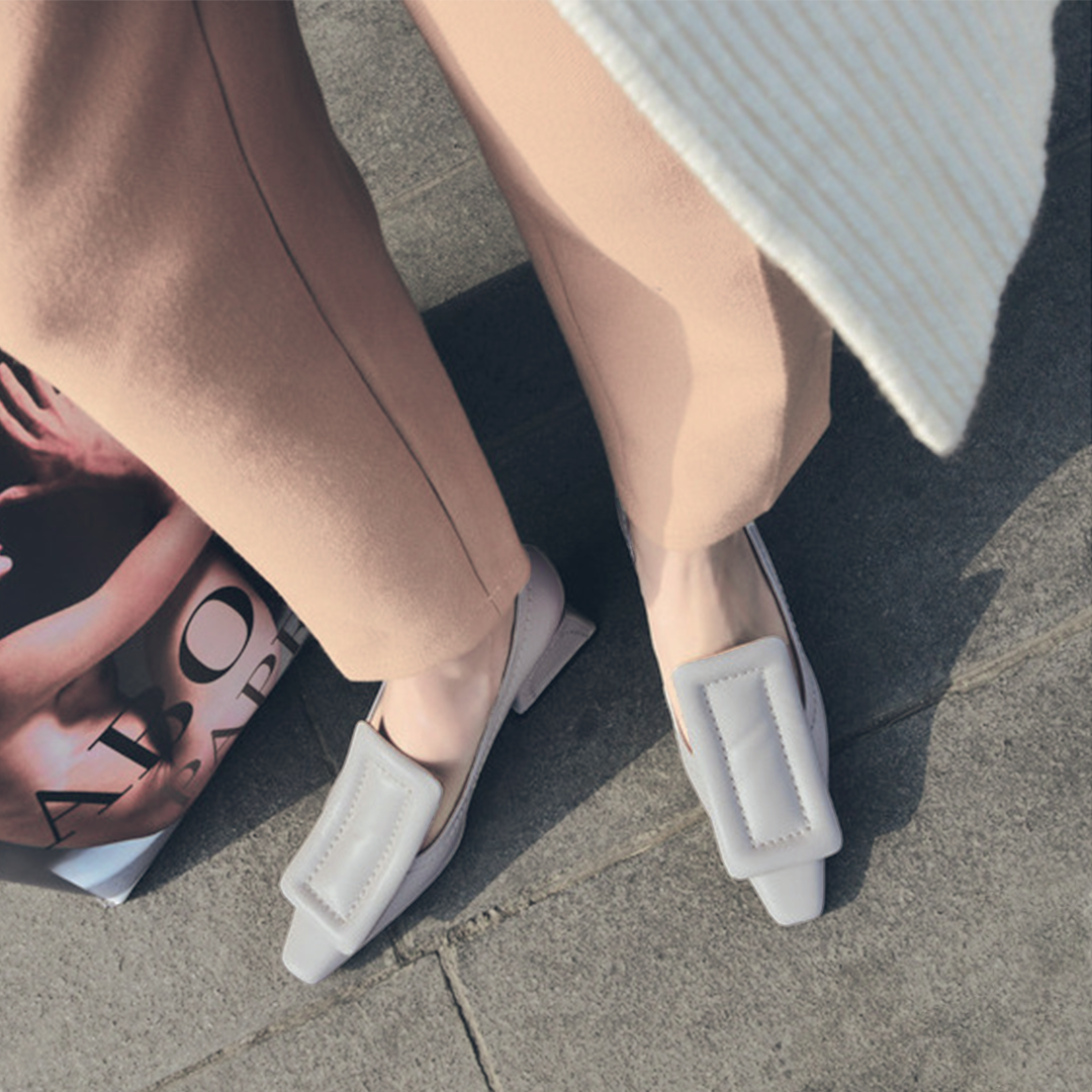 ♀ 本革/Square Parts Chunky Heel Pumps