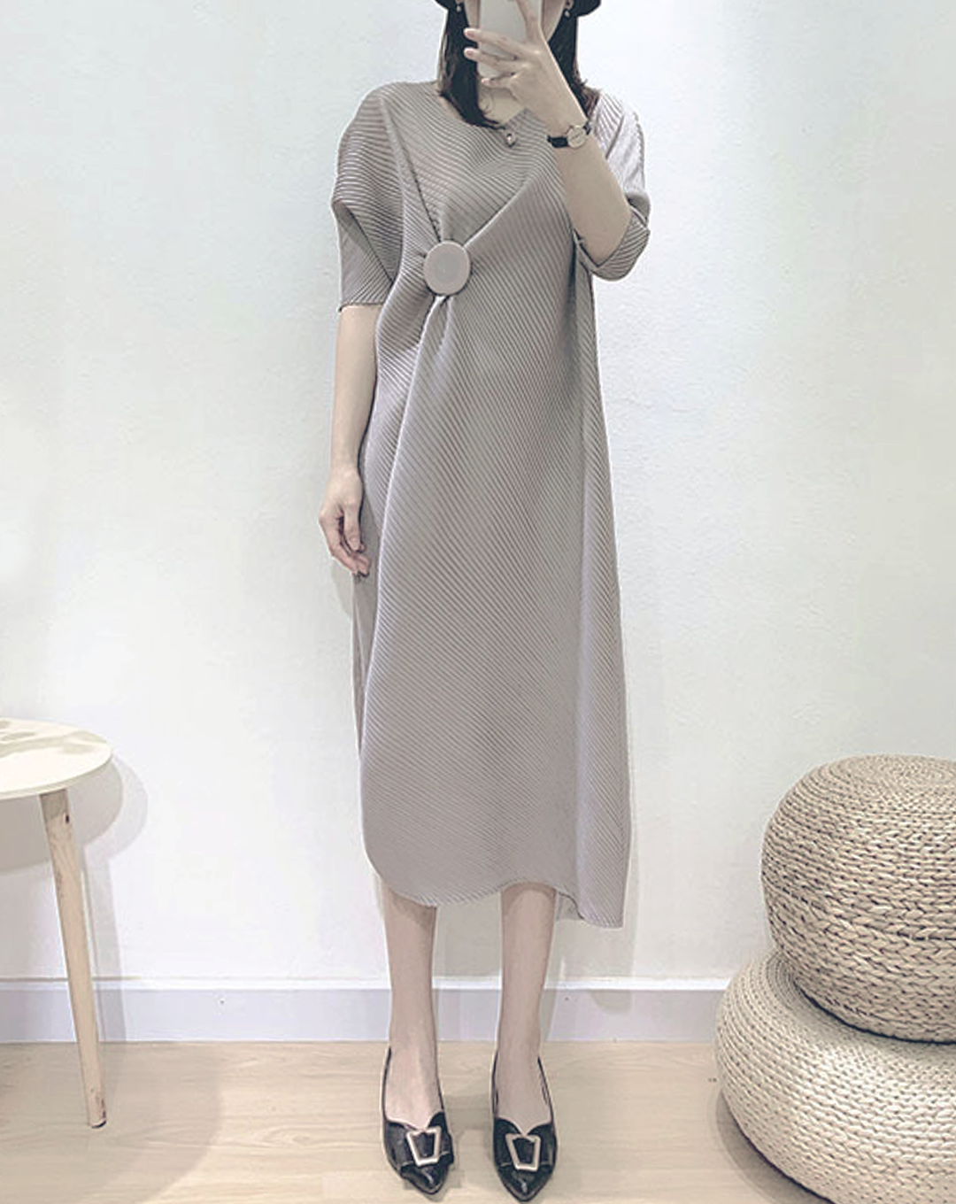 ♀Button Design Pleated Dress