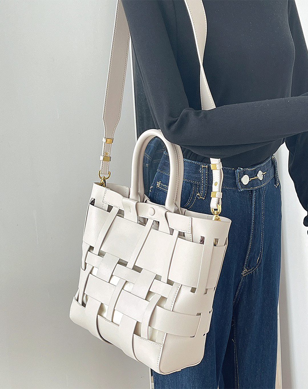 本革/Leather wide Mesh Tote Bag