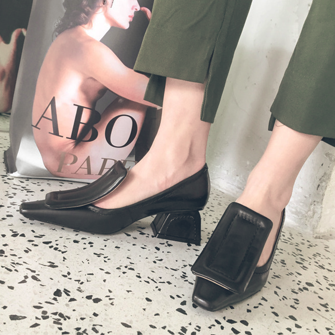 ♀ 本革/Square Parts Chunky Heel Pumps