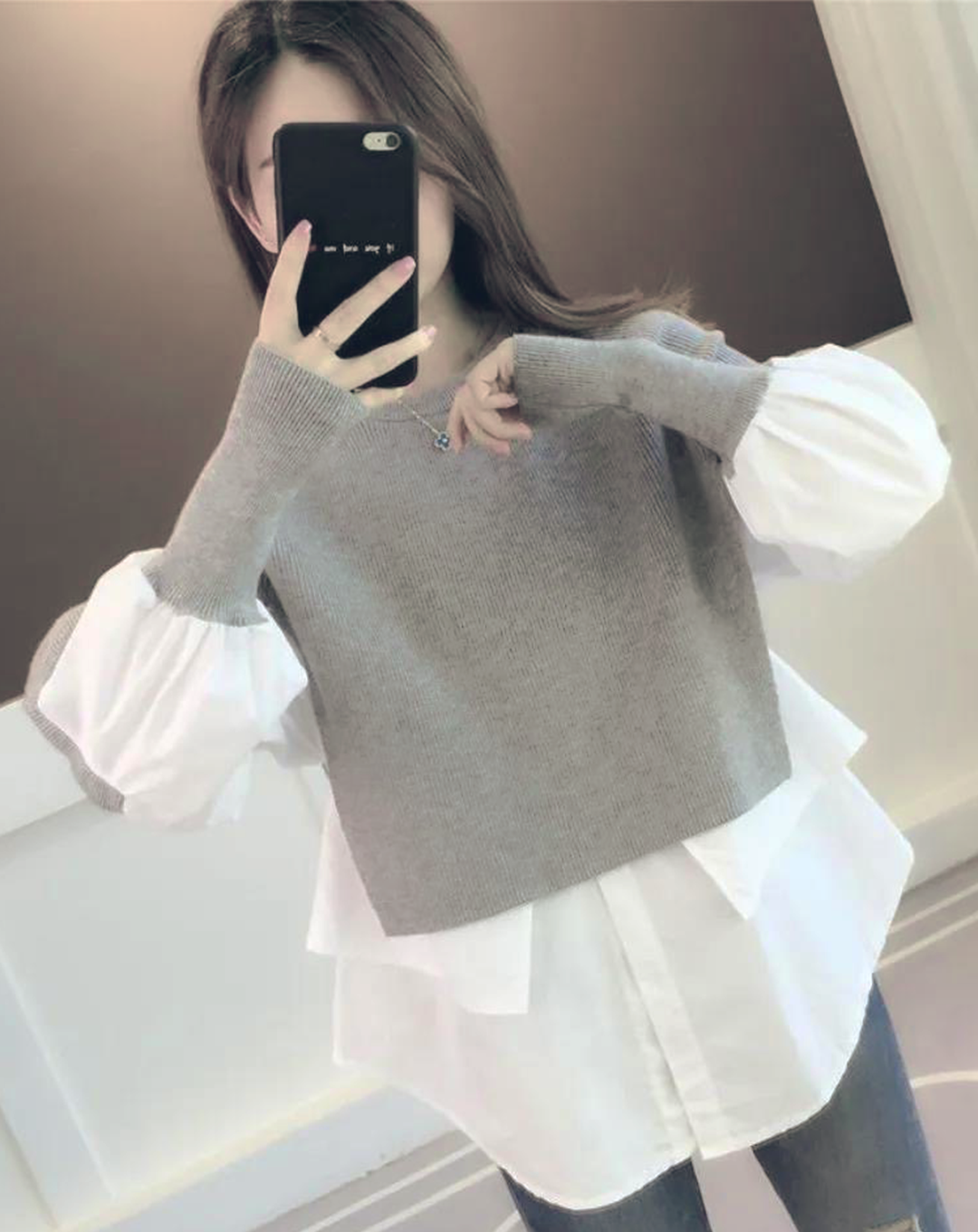 ♀Knit Layered Mutton Sleeve Shirt