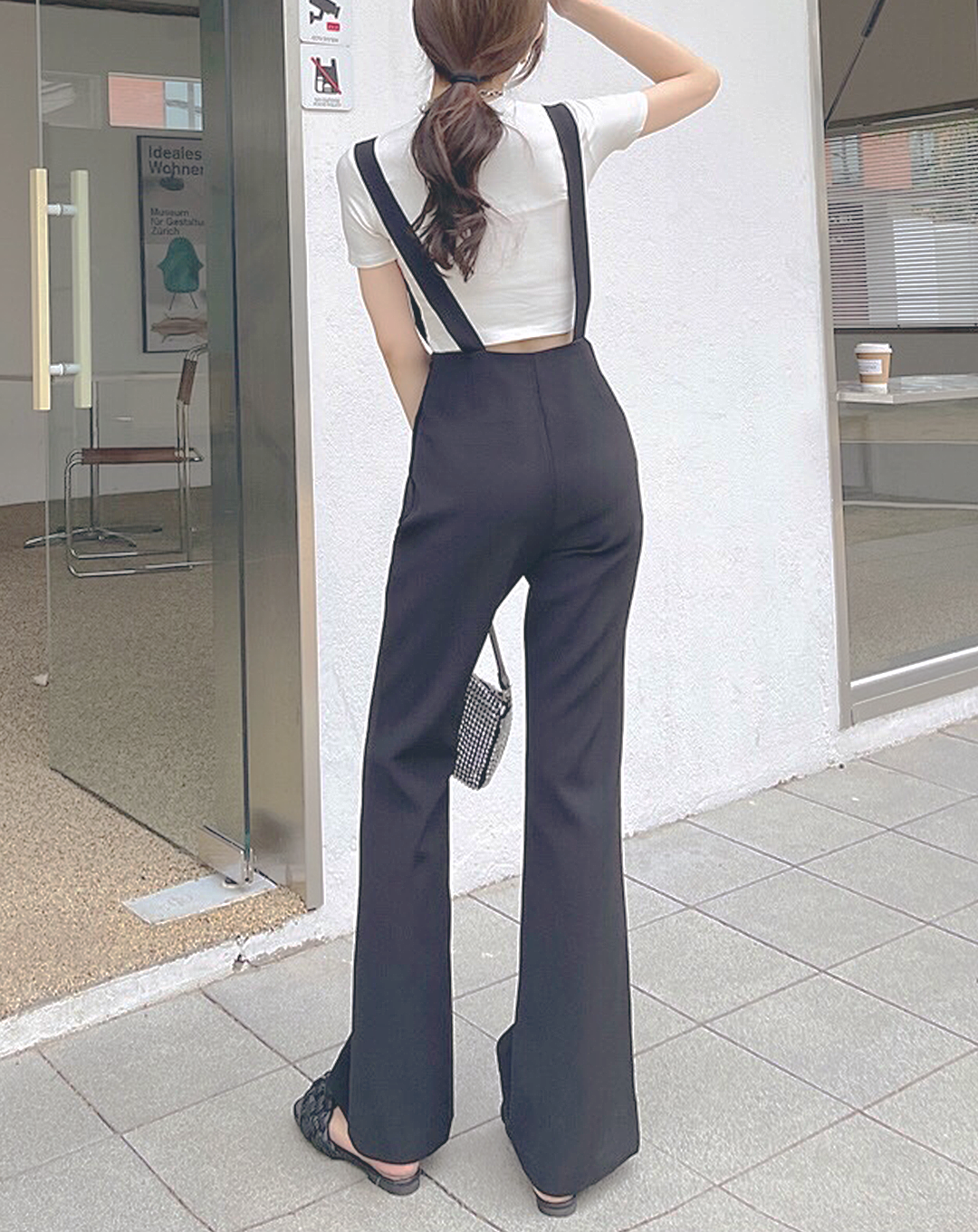 ♀Flare Cut Slit Hem Overalls