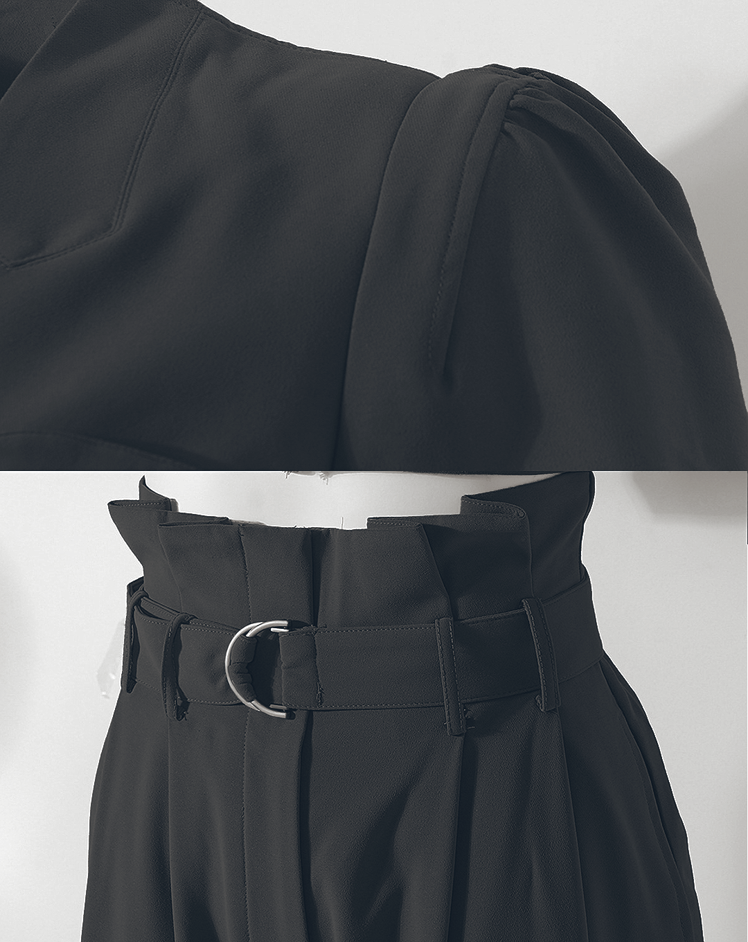 ♀Shoulder Tucked Bustier Style Tops & Belt Slacks Pants