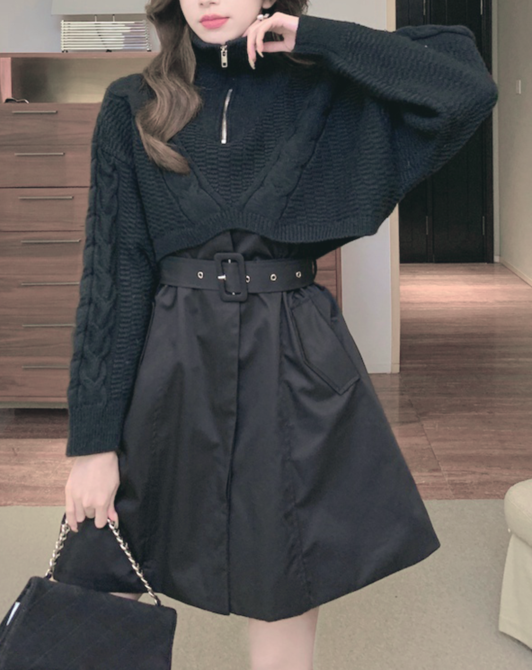 ♀Half Zip Short Knit & Sleeveless Belt Dress