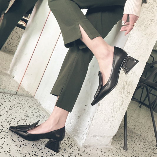 ♀ 本革/Square Parts Chunky Heel Pumps