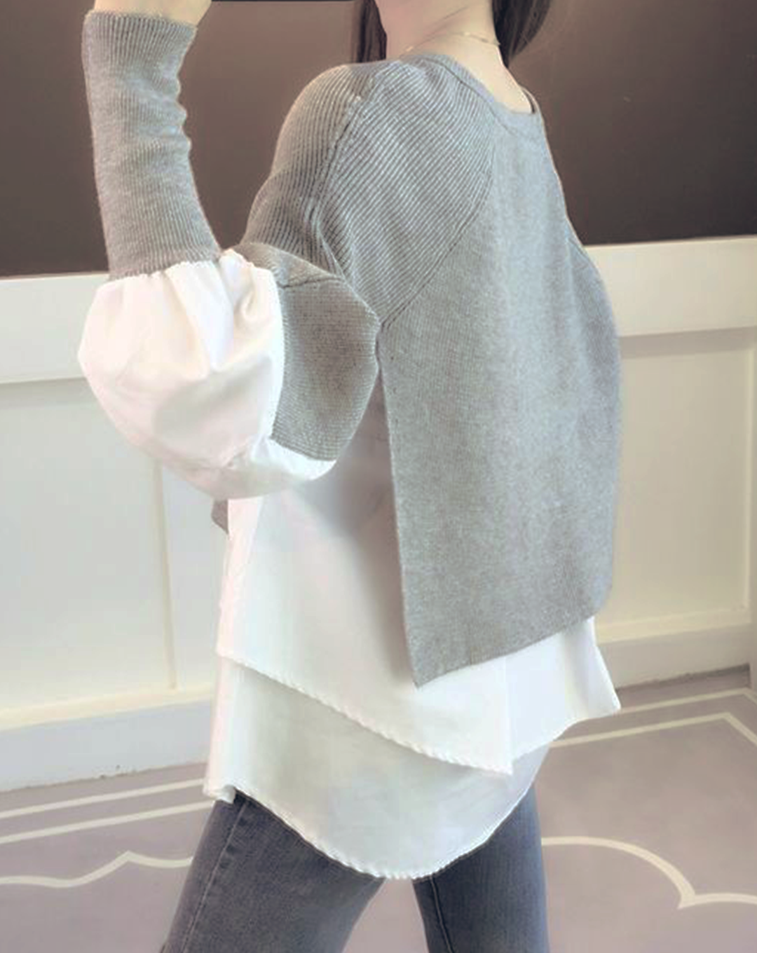 ♀Knit Layered Mutton Sleeve Shirt
