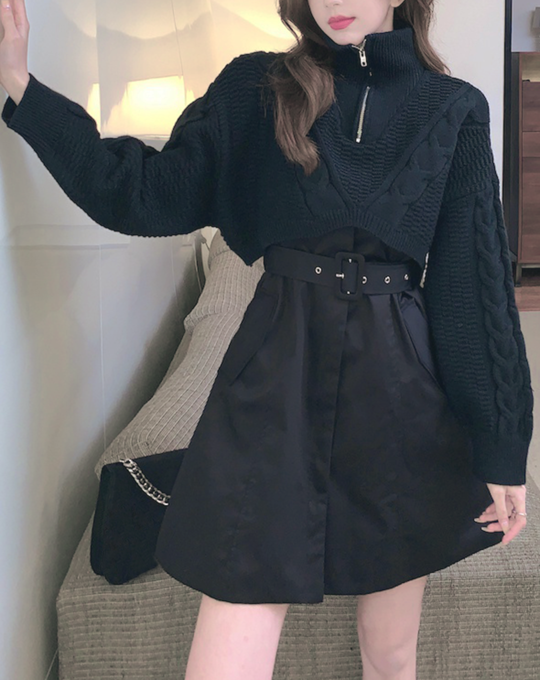 ♀Half Zip Short Knit & Sleeveless Belt Dress
